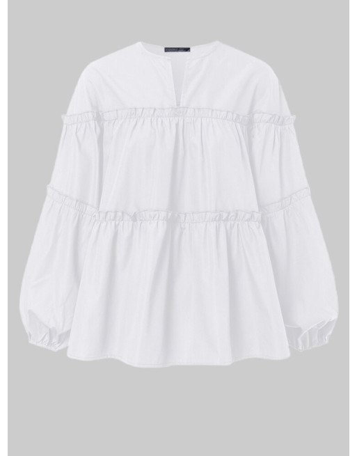 Solid Color Puff Sleeves Patchwork Casual Blouse For Women