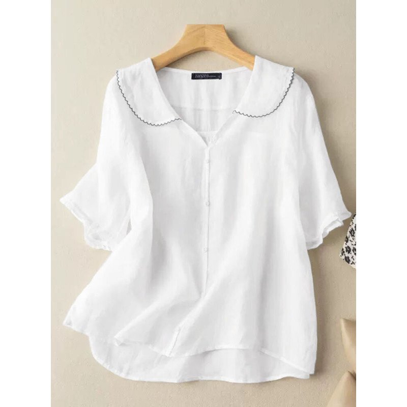 Women Plain Frill Half Sleeve Cotton Casual Blouse
