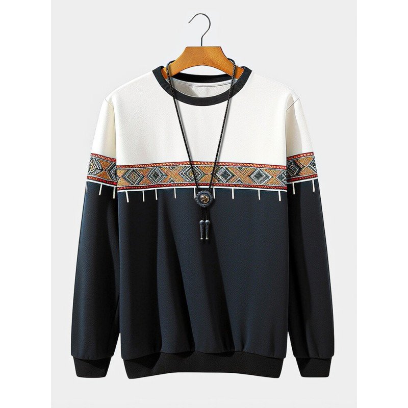 Mens Ethnic Argyle Pattern Patchwork Crew Neck Pullover Sweatshirts