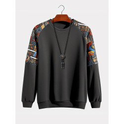 Mens Ethnic Pattern Patchwork Raglan Sleeve Pullover Sweatshirts