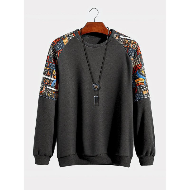 Mens Ethnic Pattern Patchwork Raglan Sleeve Pullover Sweatshirts