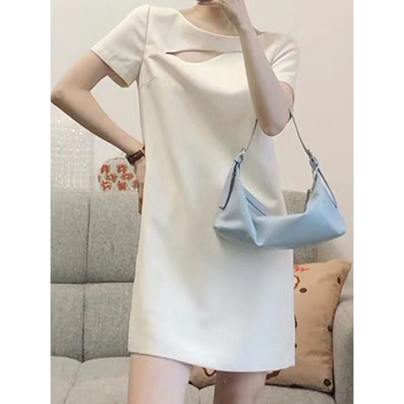 Solid Short Sleeve Hollow Crew Neck Casual Dress