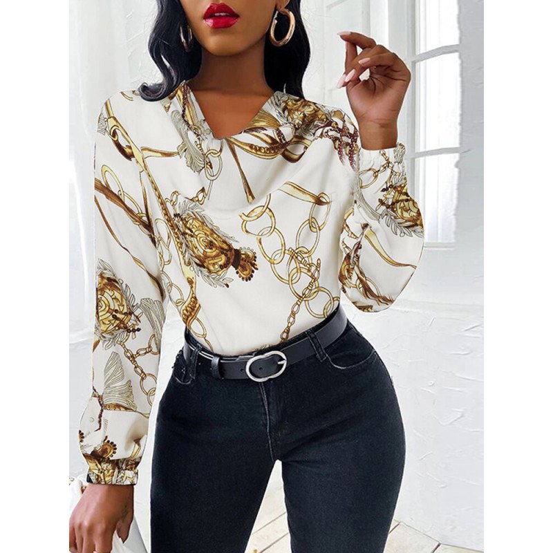 Chain Print V-neck Long Sleeve Blouse For Women