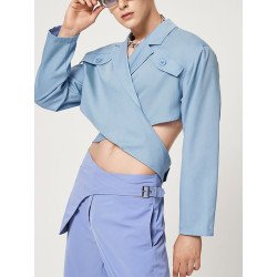 Mens Solid Irregular Cross Cutout Crop Blazer