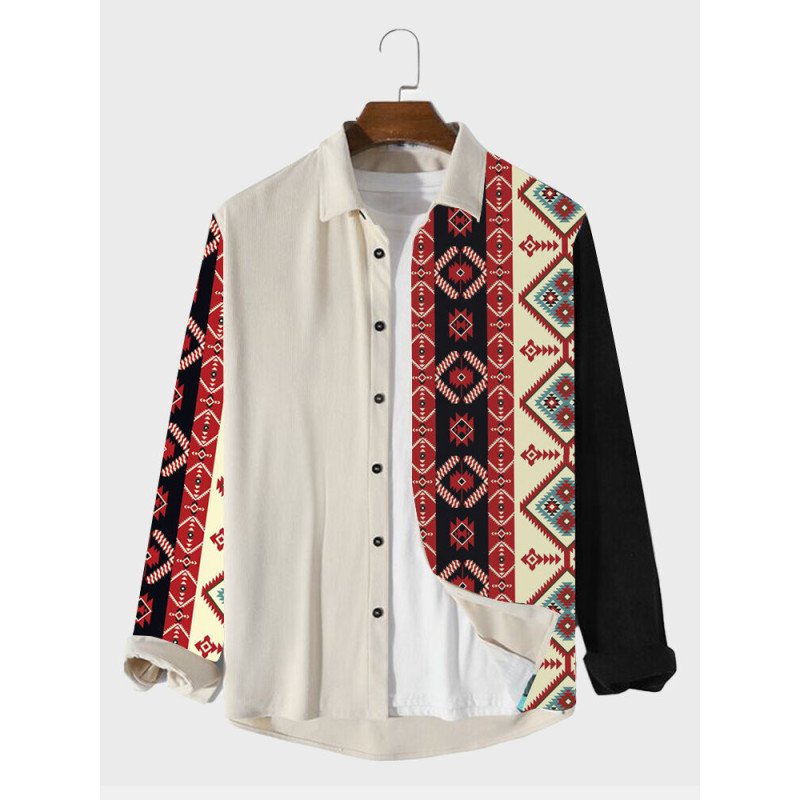 Mens Ethnic Geometric Print Patchwork Corduroy Long Sleeve Shirts