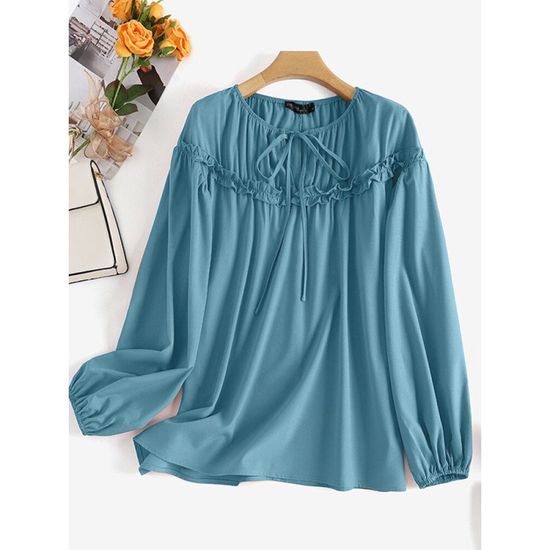 Solid Ruffle Trim Tie Front Long Sleeve Crew Neck Blouse
