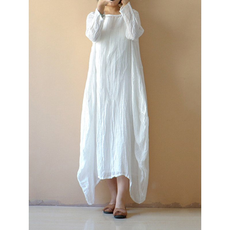 Vintage Asymmetrical Pure Color Long Sleeve Maxi Dresses