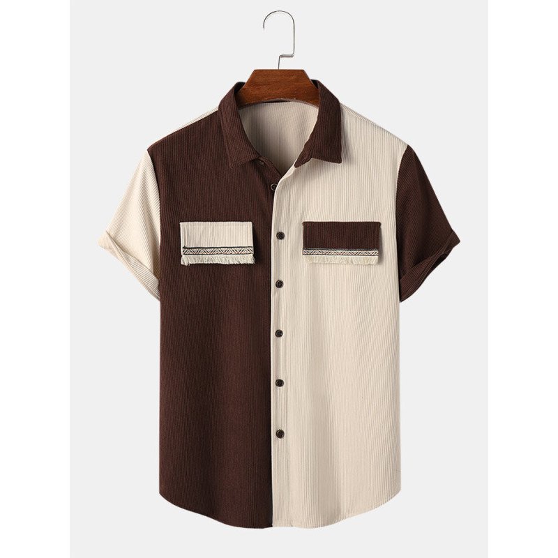 Mens Two Tone Patchwork Tassel Detail Corduroy Short Sleeve Shirts