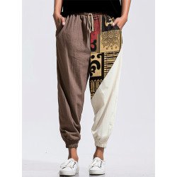 Mens Ethnic Totem Print Color Block Patchwork Drawstring Waist Pants