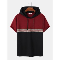 Mens Ethnic Pattern Ribbon Patchwork Short Sleeve Hooded T-Shirts