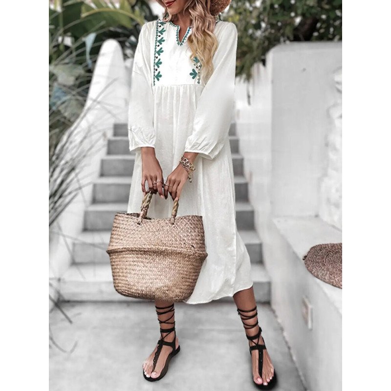 Women Embroidered V-Neck Casual Long Sleeve Dress