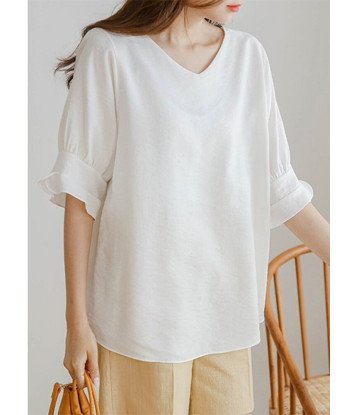 Solid Ruffle Half Sleeve V-neck Blouse For Women