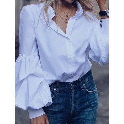 Solid Color Turn Down Collar Button Down Bishop Blouse