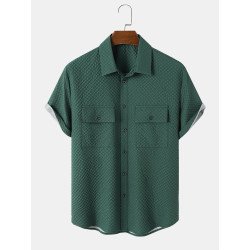 Mens Seersucker Texture Flap Pocket Solid Short Sleeve Shirts