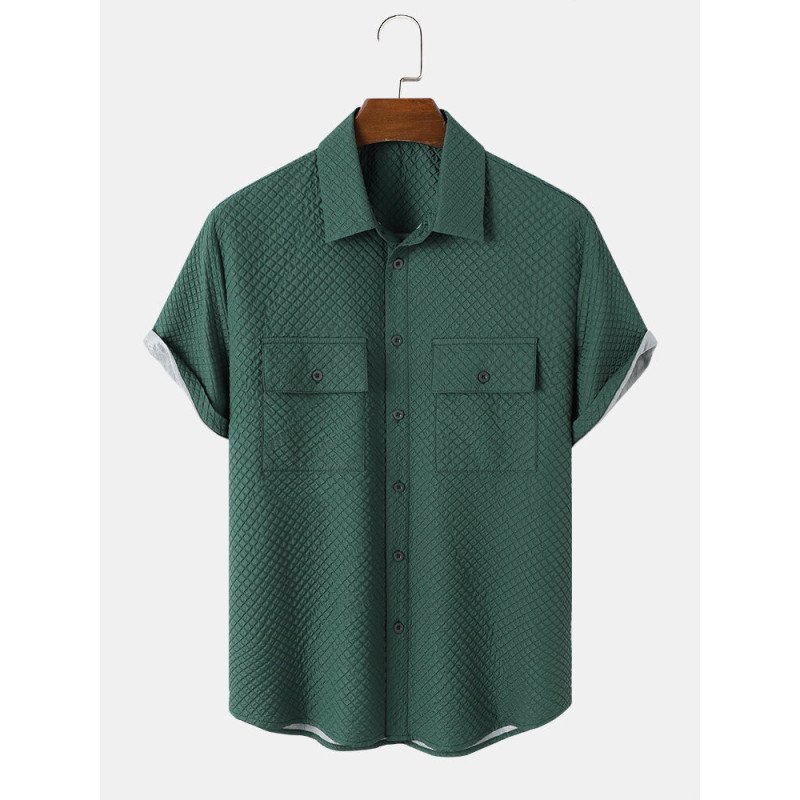Mens Seersucker Texture Flap Pocket Solid Short Sleeve Shirts