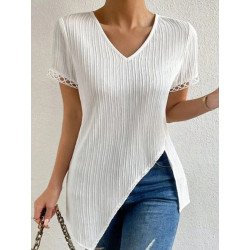 Women Plain Texture V-Neck Irregular Hem Hollow Sleeve T-Shirt