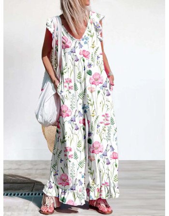 Women Floral Plant Print V-Neck Ruffle Sleeveless Jumpsuit