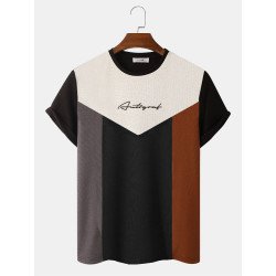 Mens Color Block Patchwork Letter Embroidered Knitted Short Sleeve T-Shirts