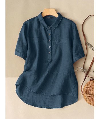 Solid High-low Hem Button Lapel Short Sleeve Blouse