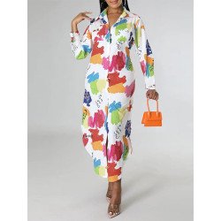 Geo Color Block Pattern Long Sleeve Button Maxi Shirt Dress