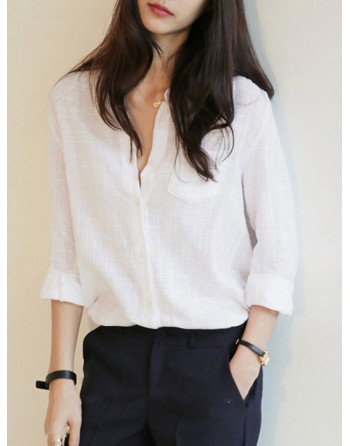 Solid V-neck Pocket Long Sleeve Women Casual Blouse