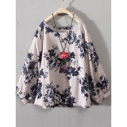 Flower Print Tribal Pattern Crew Neck Long Sleeve Blouse