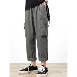 Mens Solid Pocket Drawstring Waist Casual Pants