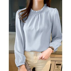 Solid Ruffle Trim Stand Collar Long Sleeve Blouse