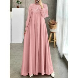 Women Lace Patchwork Pleated Muslim Long Sleeve Maxi Dress