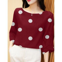 Women Dot Print 3/4 Sleeve Crew Neck Blouse