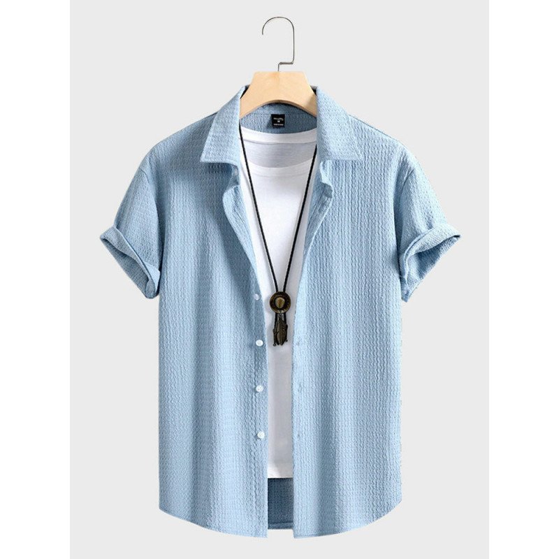 Mens Texture Solid Lapel Button Up Casual Short Sleeve Shirts