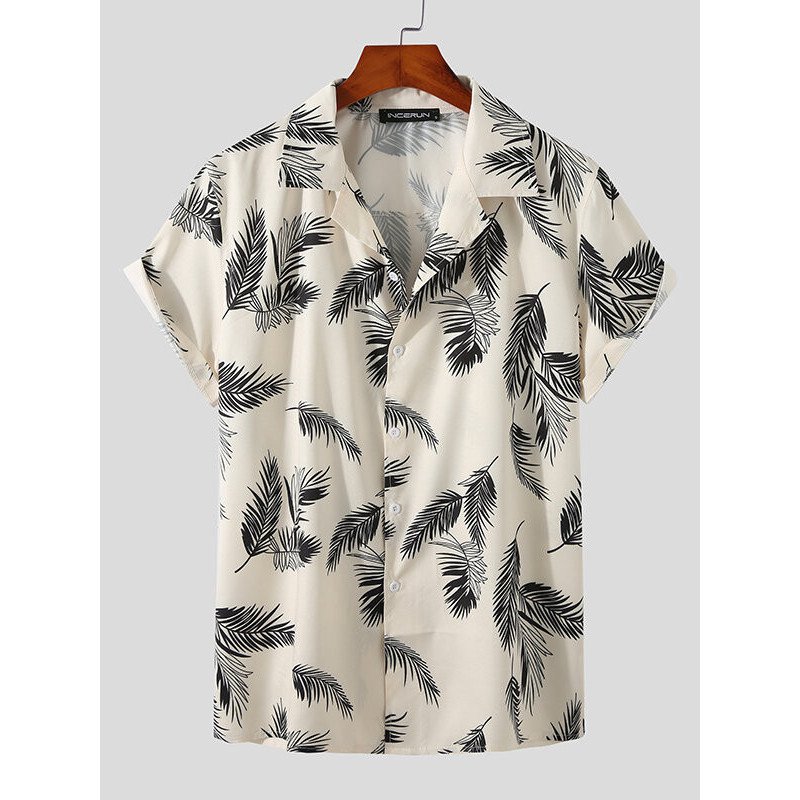 Mens Allover Feather Print Button Revere Collar Casual Shirt