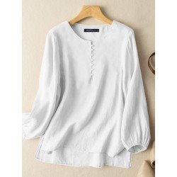 Solid Slit High-low Hem Crew Neck Long Sleeve Blouse