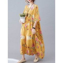 Flower Print Half Sleeve O-neck Loose Women Vintage Dress