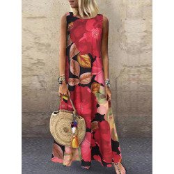 Flower Print Crew Neck Sleeveless Maxi Dress For Women