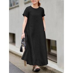 Solid Pocket Round Neck Short Sleeve Casual Cotton Maxi Dress