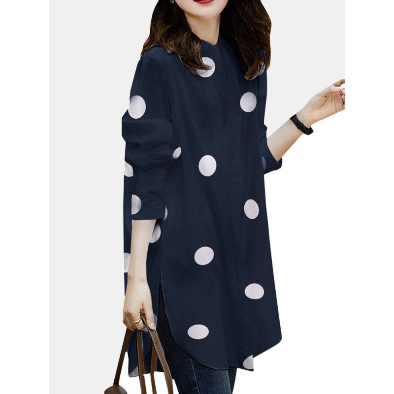 Polka Dot Button Split Long Sleeve Stand Collar Casual Shirt