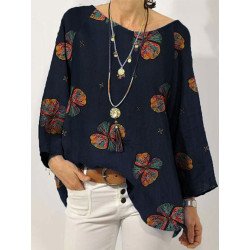 Women Colorful Floral Print Crew Neck Long Sleeve Blouse