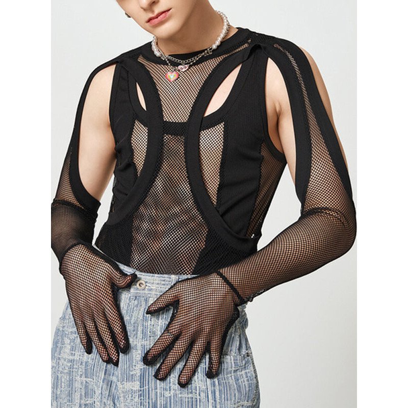 Mens Mesh Cutout Long Sleeve Gloves Bodysuit