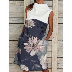 Floral Print Patchwork Half-Collar Sleeveless Dress