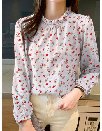 Radom Allover Floral Long Sleeve Ruffle Trim Stand Collar Blouse