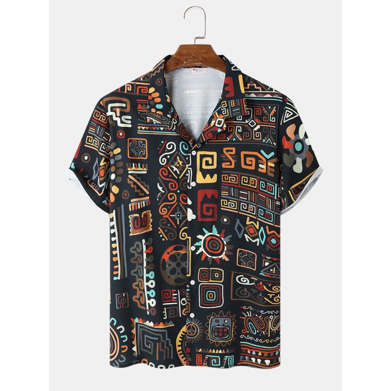 Mens Tribal Geometry Print Camp Collar Black Short Sleeve Shirt