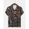 Mens Tribal Geometry Print Camp Collar Black Short Sleeve Shirt