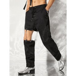 Mens Chain Hollow Cutout Lace Up Pants