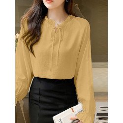 Solid Ruffle Trim Tie Front Long Sleeve Blouse