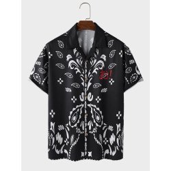 Mens Ethnic Paisley Print Embroidered Revere Collar Short Sleeve Shirts