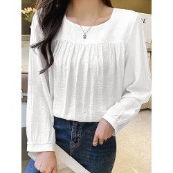 Solid Fold Pleated Square Collar Long Sleeve Blouse