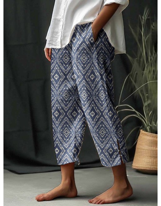 Women Vintage Argyle Print Vacation Cropped Pants With Pocket