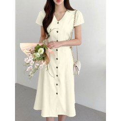 Solid Button Front V-neck Short Sleeve Casual Dress