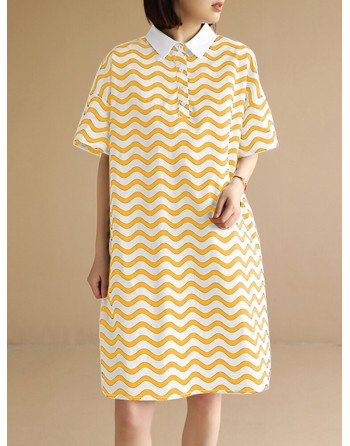 Chevron Pattern Pocket Button Lapel Short Sleeve Casual Dress